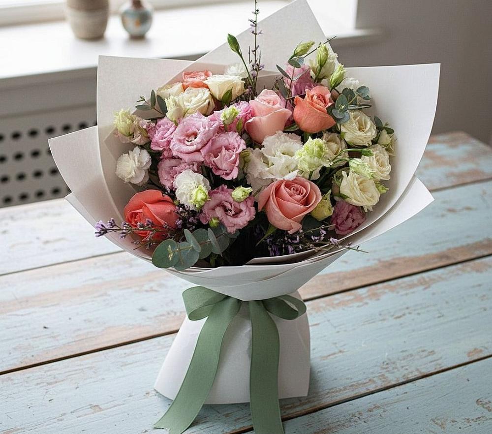 Букет цветов из: Розы, Лизиантусы и Гвоздики в Алексеевске