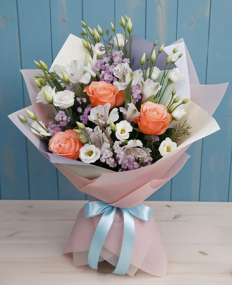 Букет цветов из: Лизиантусы, Розы, Альстромерии и Гипсофила в Алексеевске
