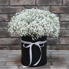 Цветочная композиция из Гипсофила в шляпной коробке в Алексеевске